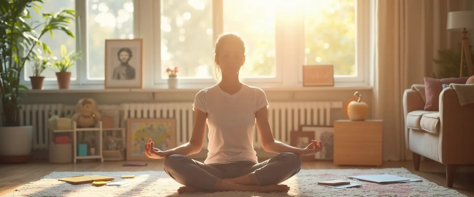 Mother practicing mindfulness during my year of living mindfully while her child plays nearby