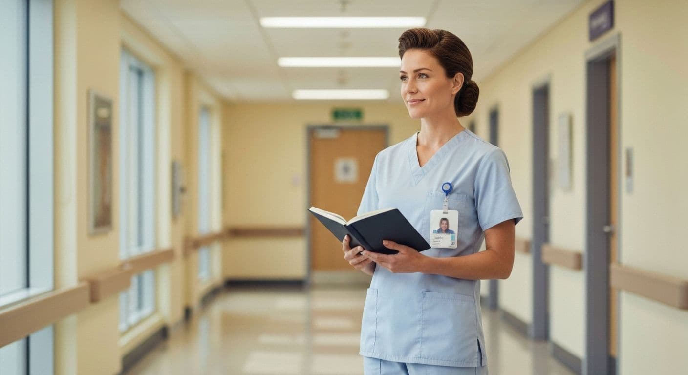 Confident nurse leader practicing self awareness in nursing leadership during a brief moment between patient care duties