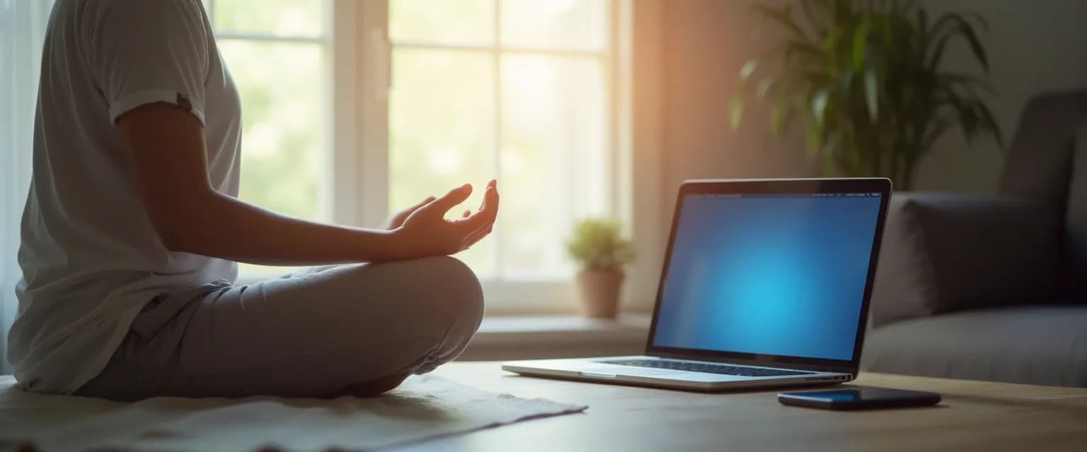 Person practicing mindfulness online while using digital devices with calm awareness