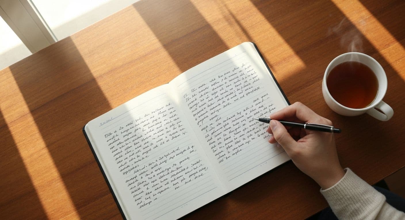 Person writing notes on heartbreak in journal with calm, focused expression showing emotional processing and brain changes