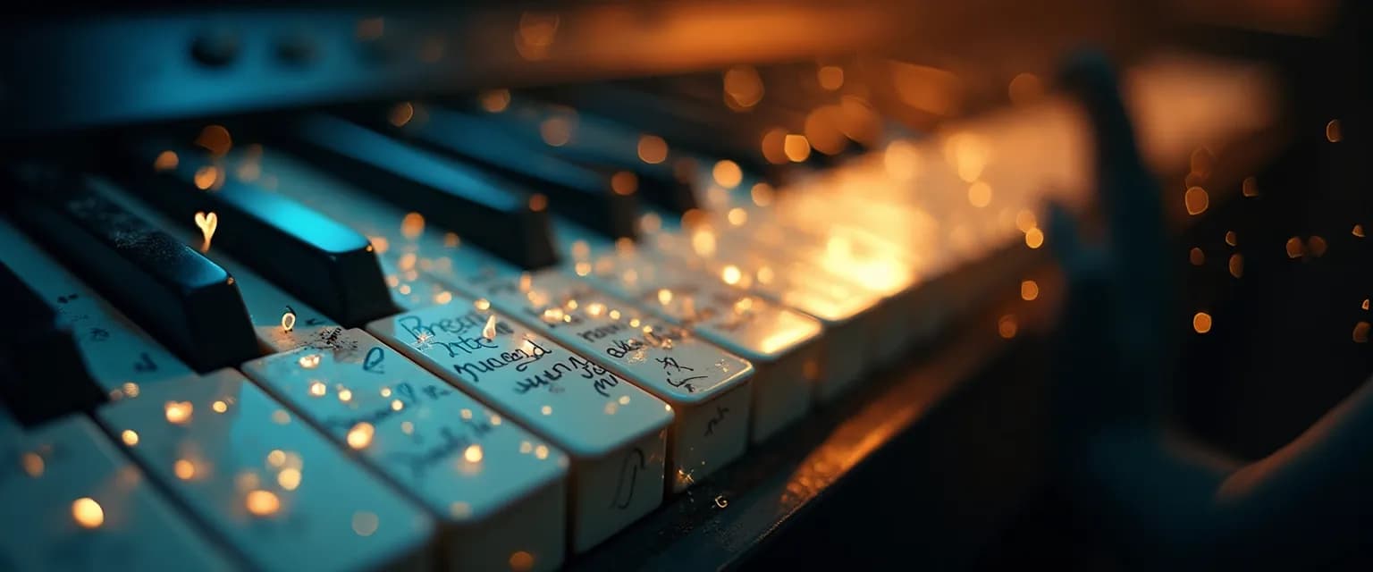 Sheet music with notes on heartbreak transforming into healing symbols