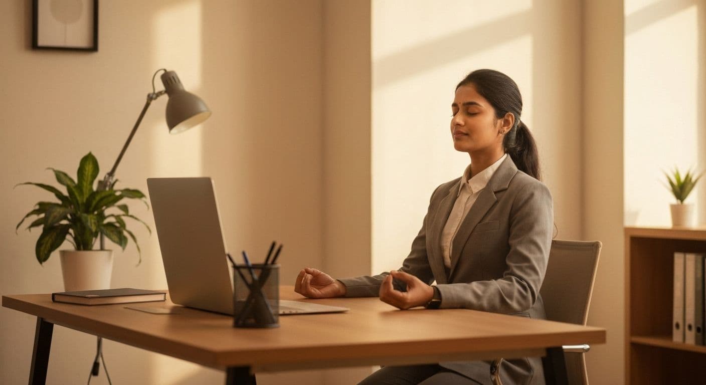 Person practicing mindfulness in Hindi with breathing exercises at desk during workday