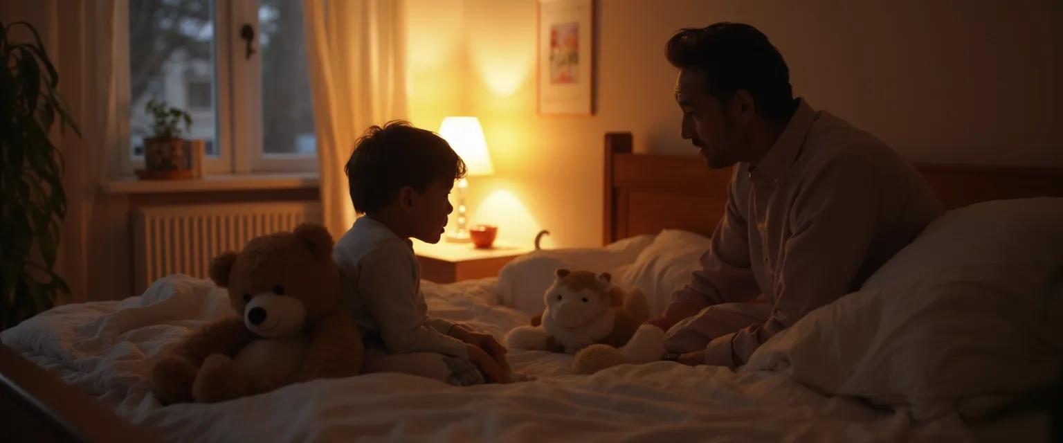 Parent and preschooler having a bedtime conversation to develop self-awareness