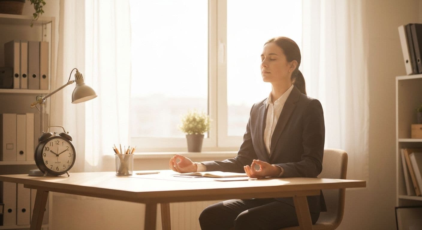 Busy professional practicing mind fitness exercises during a quick break at work