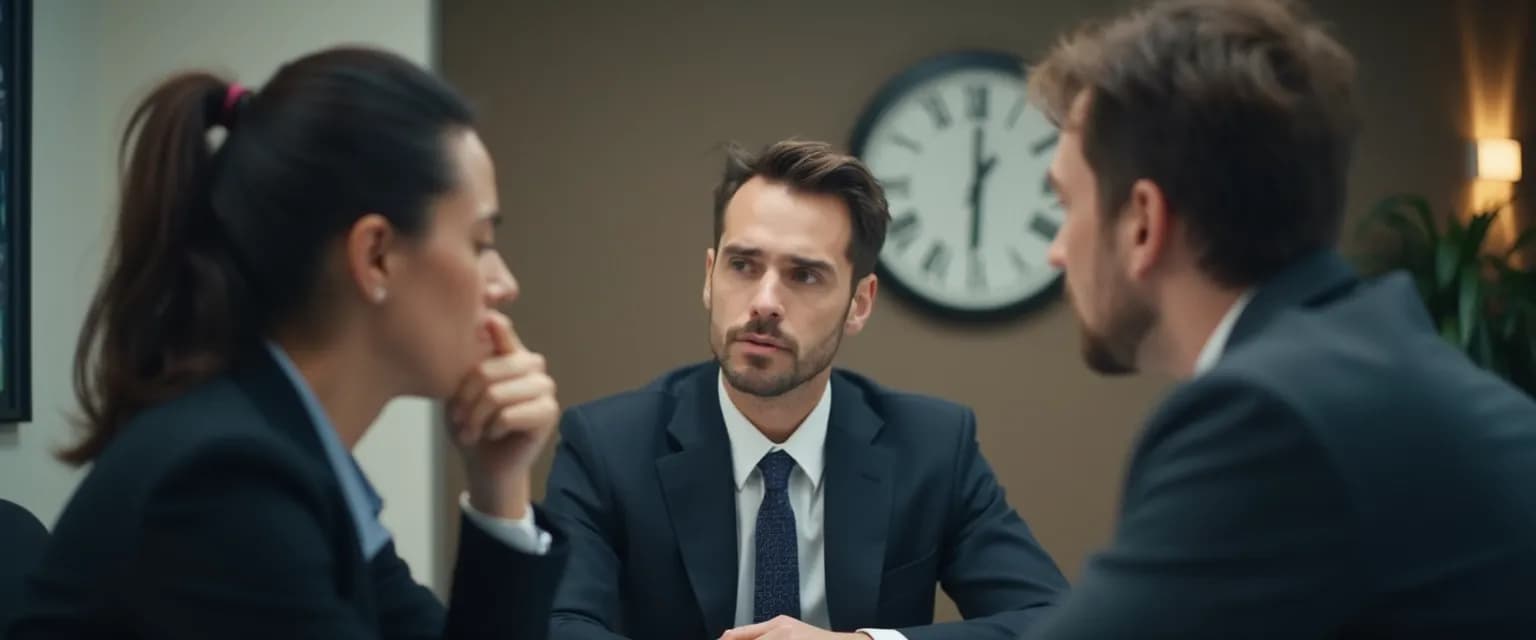 Professional pausing to be mindful of their words during a heated workplace meeting