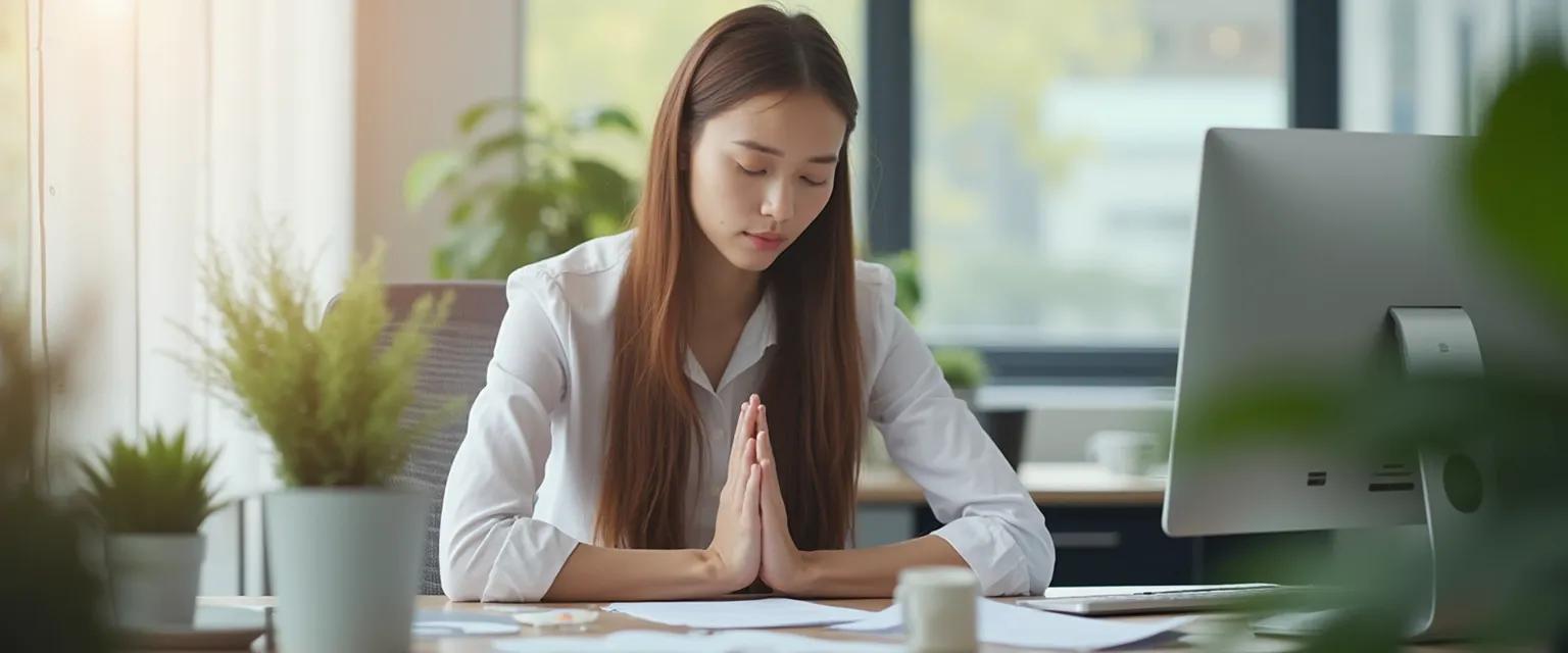 Professional practicing 2-minute resilience at work ritual during a busy workday