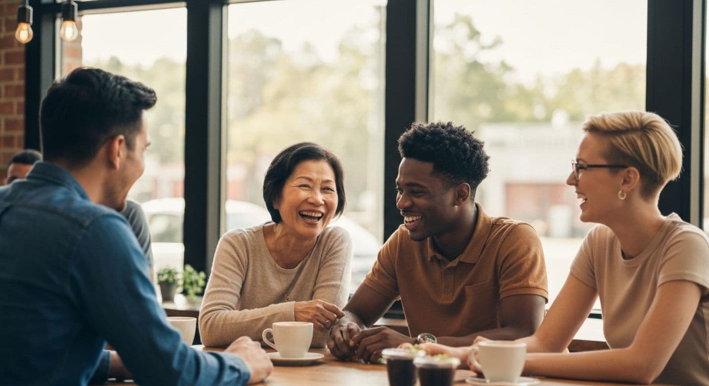 Person confidently socializing with friends after navigating 2022 breakups and rebuilding their social calendar