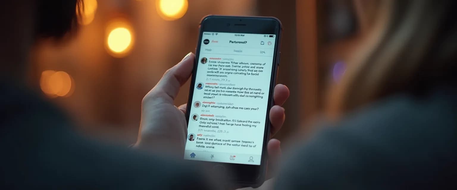 Person thoughtfully filtering Reddit advice after an LDR breakup on their phone