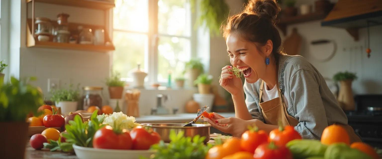 Woman enjoying a colorful meal while healing after a heartbreak