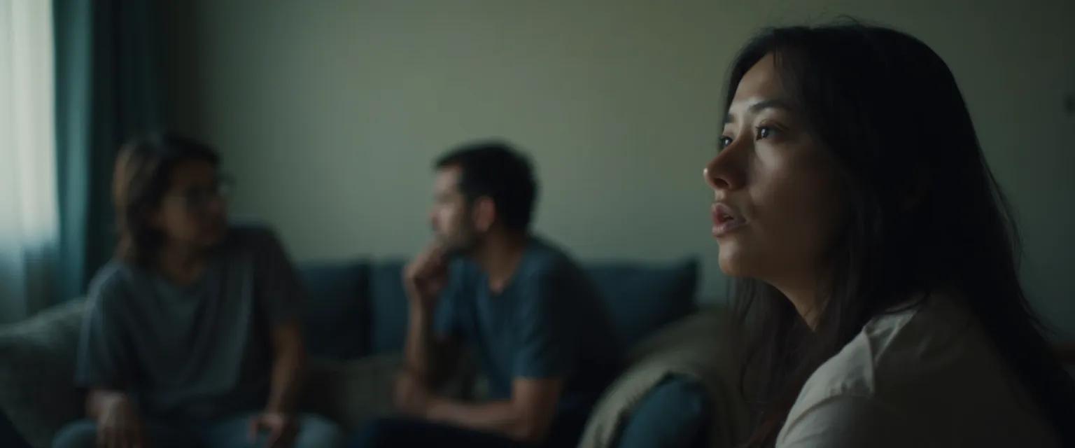 Person processing hurtful breakup comments from well-meaning friends after relationship end