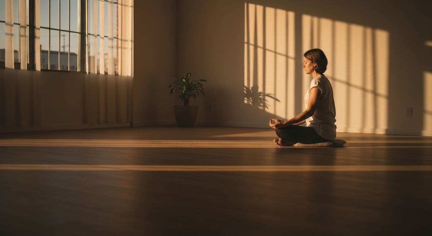 Person practicing grieving meditation in afternoon sunlight with calm, peaceful expression