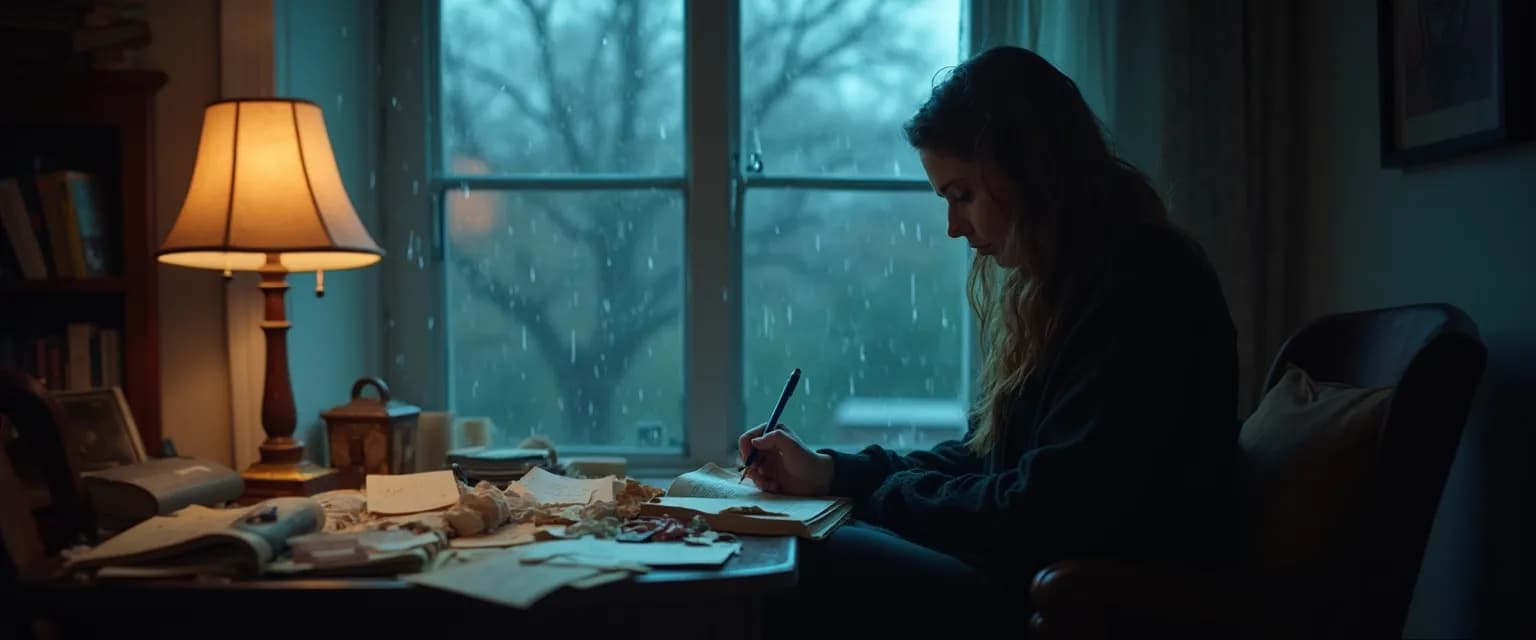 Person writing poetry about my first heartbreak in a notebook