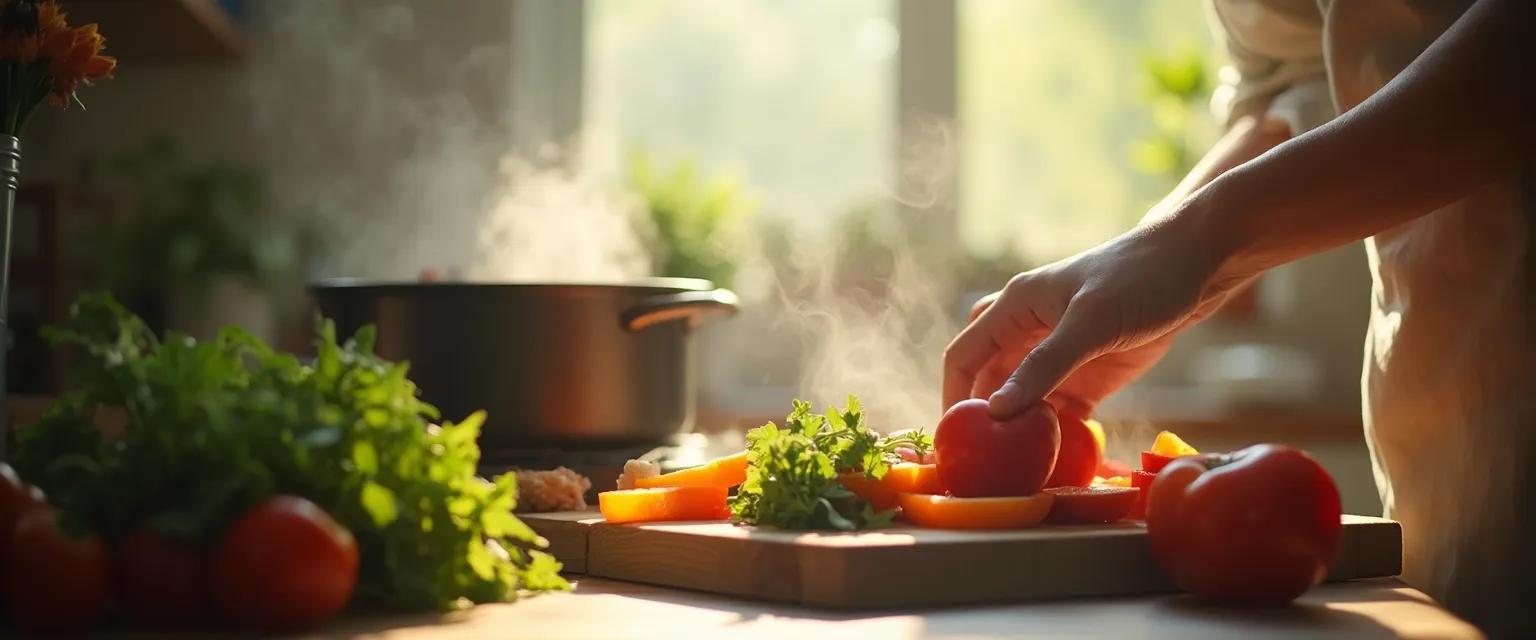 Person practicing mindful cooking techniques to relax their mind through culinary therapy