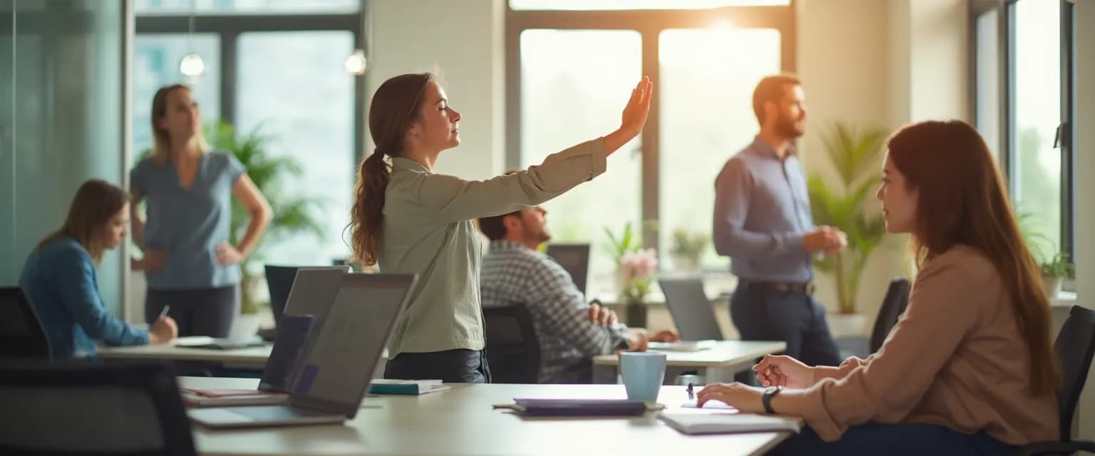Professional performing a two-minute micro-ritual for improved workplace well-being
