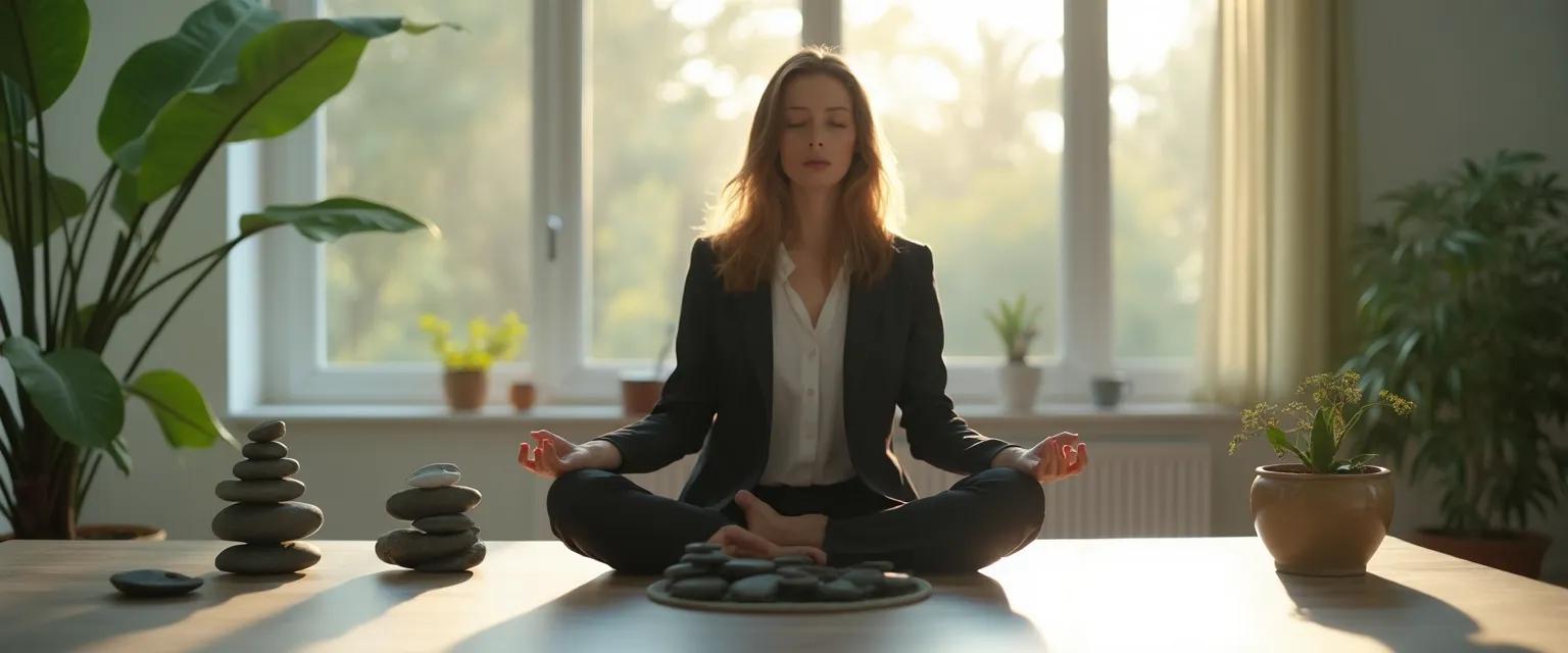 Professional practicing healthy life healthy mind techniques at desk