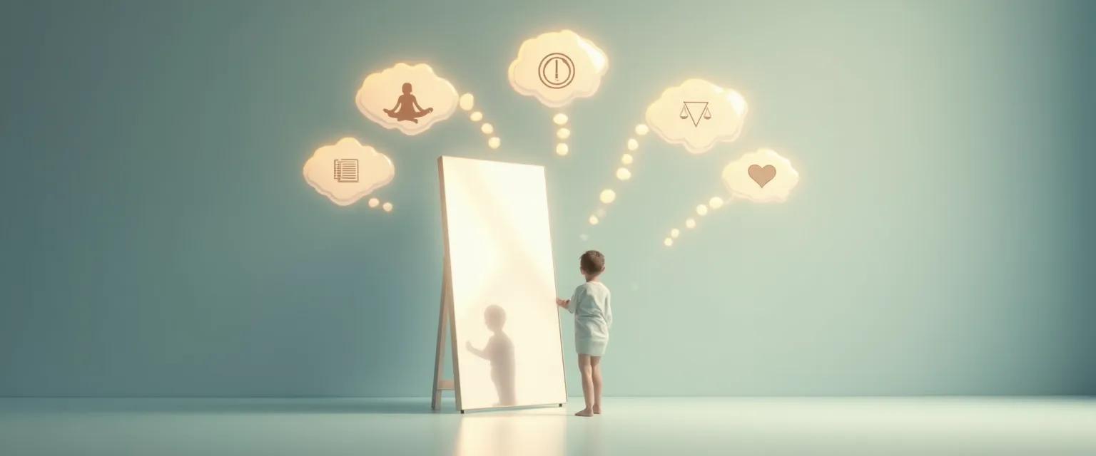 Person practicing self-awareness and self-control techniques in front of a mirror