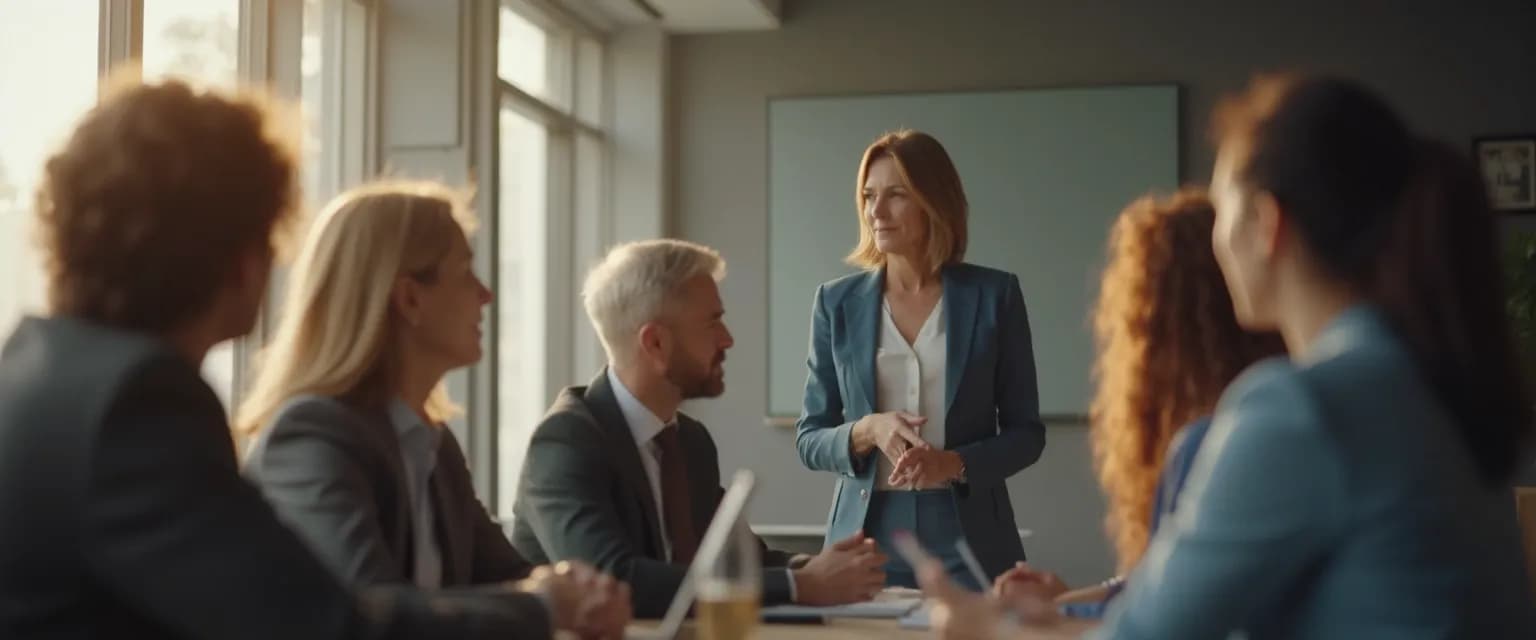 Introverted leader using emotional intelligence in the workplace during a team meeting