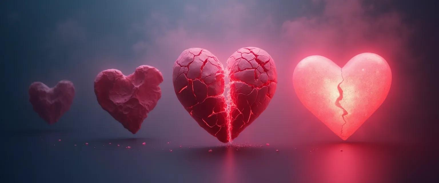 Woman navigating the 5 stages of heartbreak with visual representation of healing journey