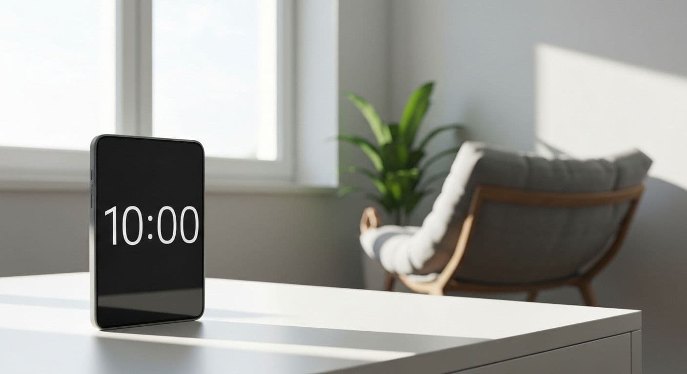 Person practicing 10-minute mindfulness meditation in calm setting with timer showing brief session duration