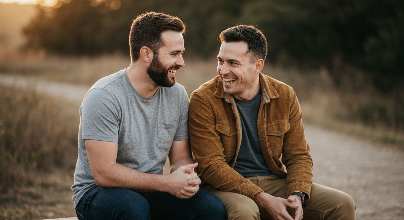 Two male friends reconnecting and talking over coffee, representing guys after a breakup rebuilding friendships
