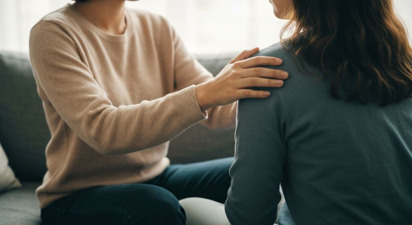 Two friends sitting together in supportive silence, illustrating what to say to friend who lost loved one through presence not words