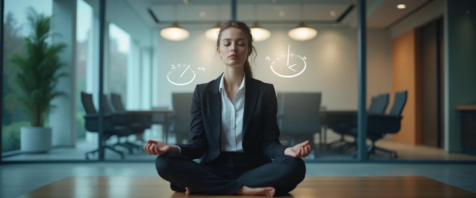 Professional practicing 5-minute meditation to calm the mind at office desk