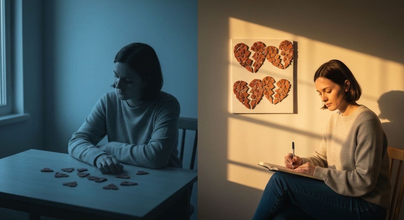 Person writing in journal practicing Esther Perel heartbreak reframing exercise to author new relationship narrative