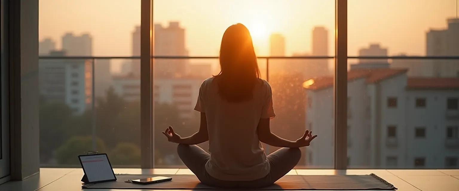 Person practicing Jon Kabat-Zinn mindfulness techniques during a busy workday