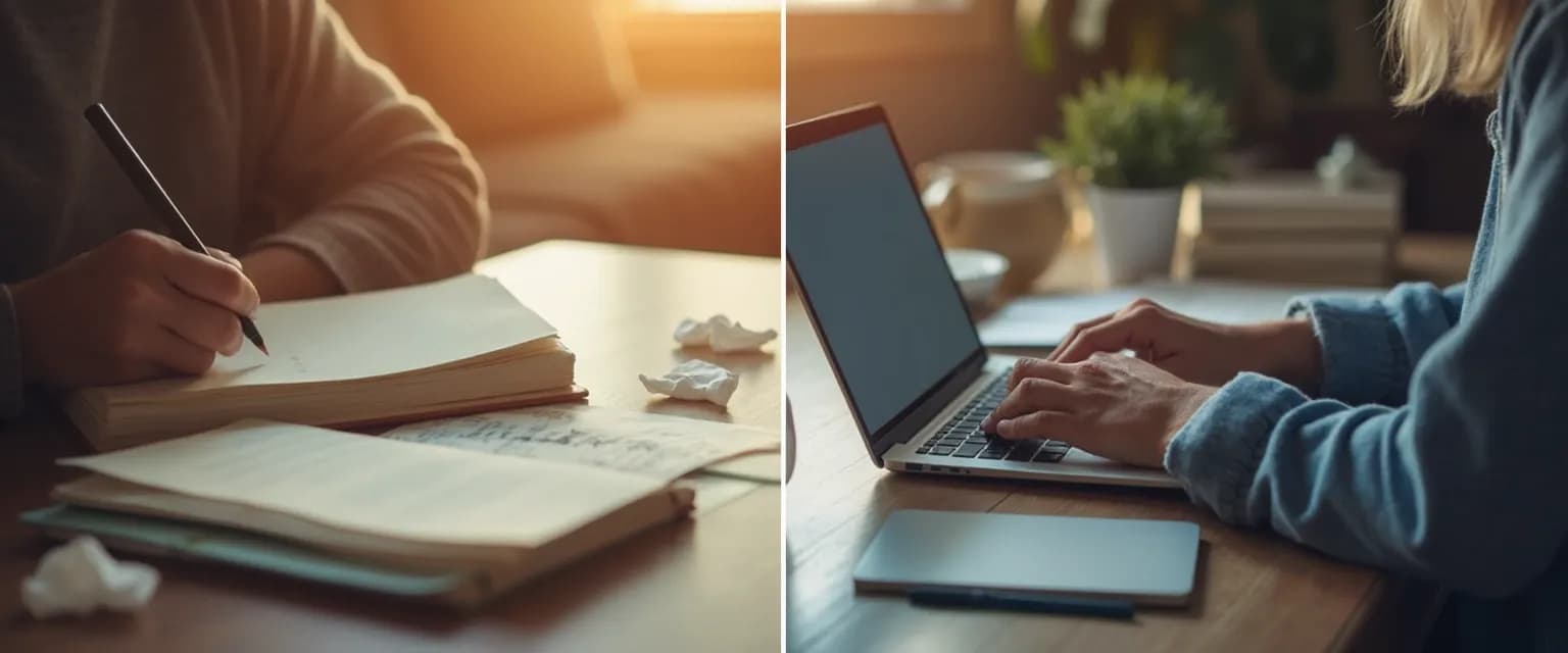 Person writing in a grieving journal with both digital tablet and paper notebook options
