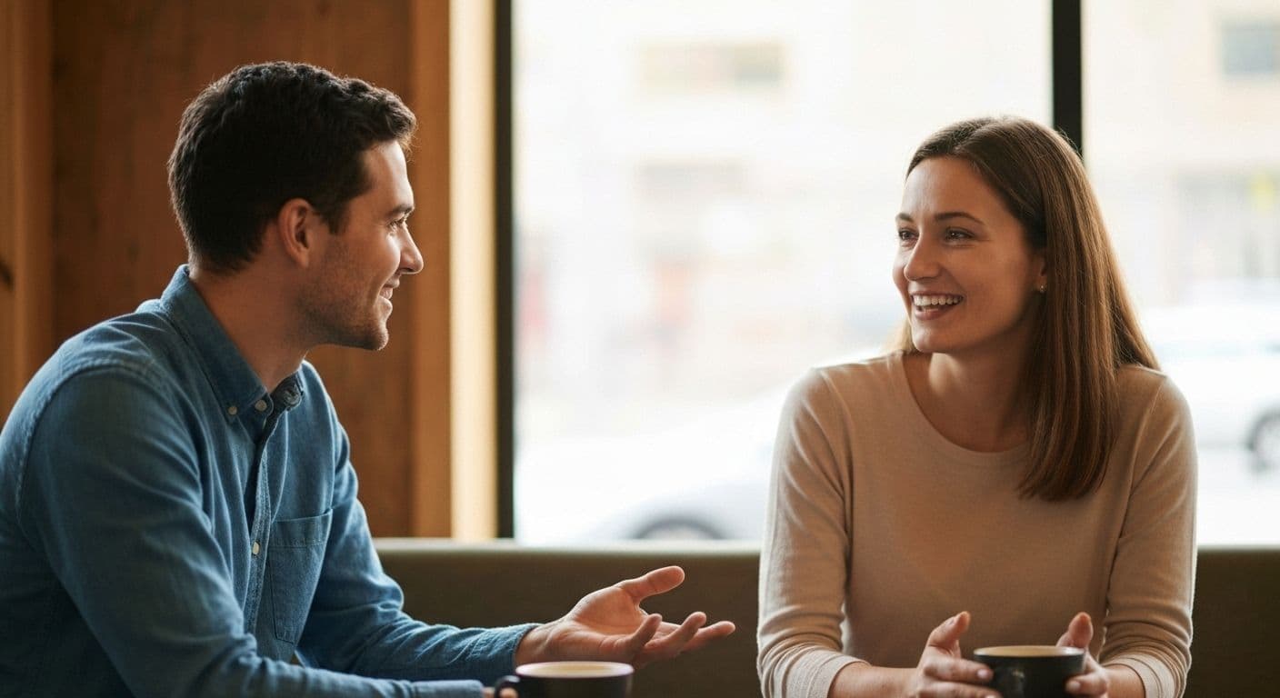 Person demonstrating natural awareness of others through relaxed body language observation in social interaction