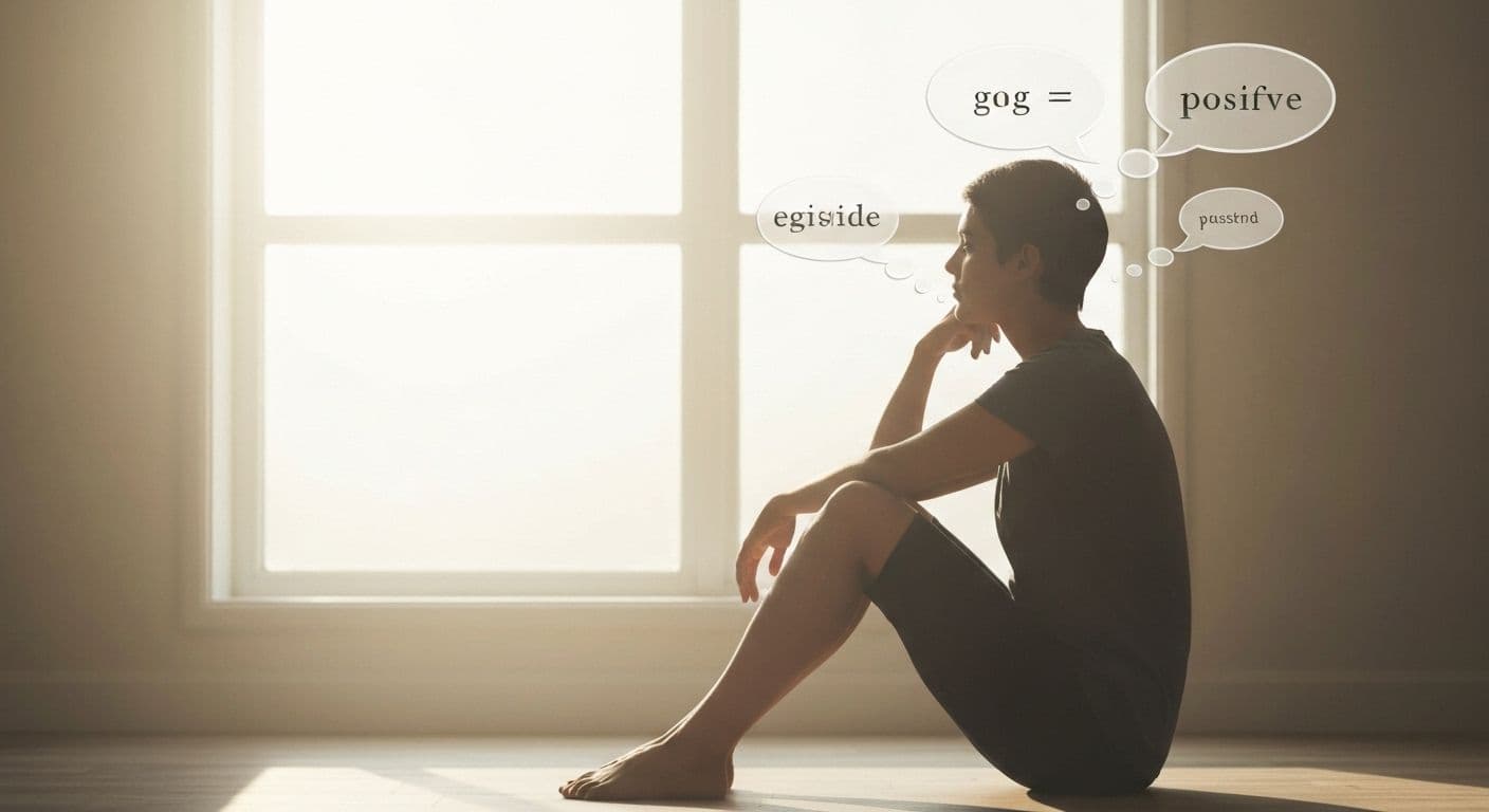 Person reflecting on self-talk patterns to build self esteem awareness and improve self-worth