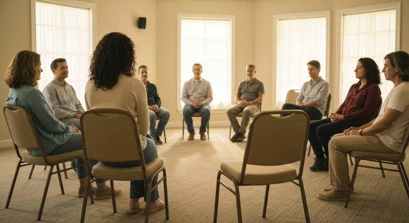 People sitting in a supportive circle during a grief share group meeting with thoughtful expressions