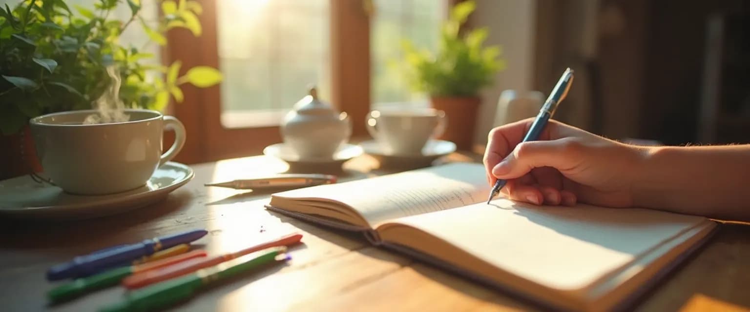 Person writing in a joy journal to stay happy with a smile on their face