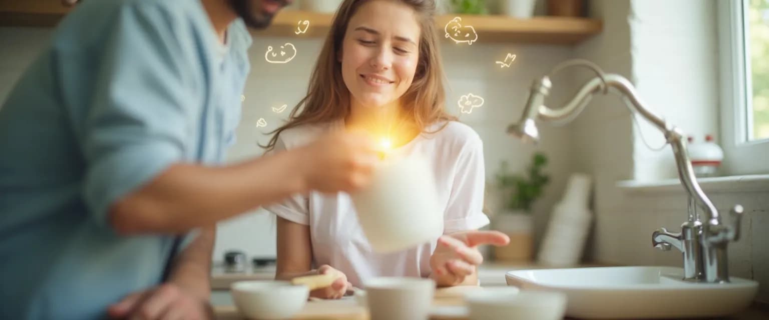 Woman practicing positive mindtalk while folding laundry for mental growth