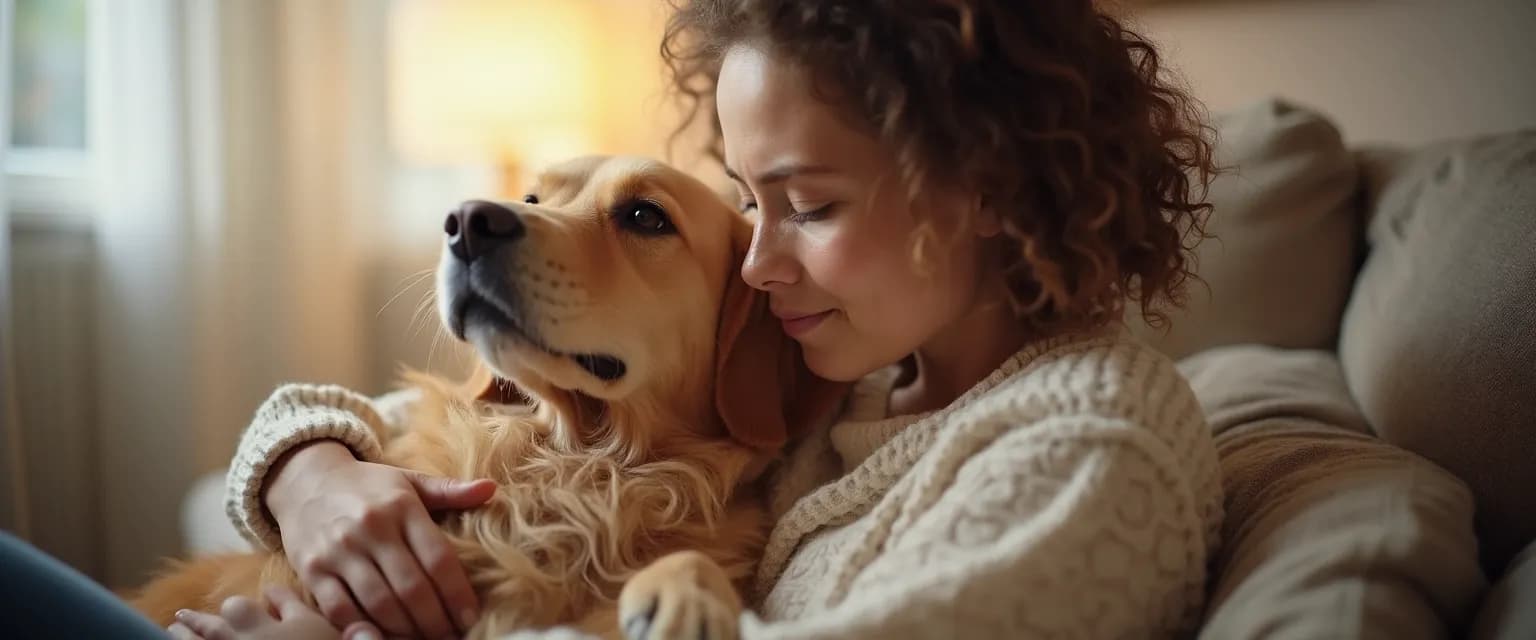 Person finding comfort with pet companion when they can't get over their breakup