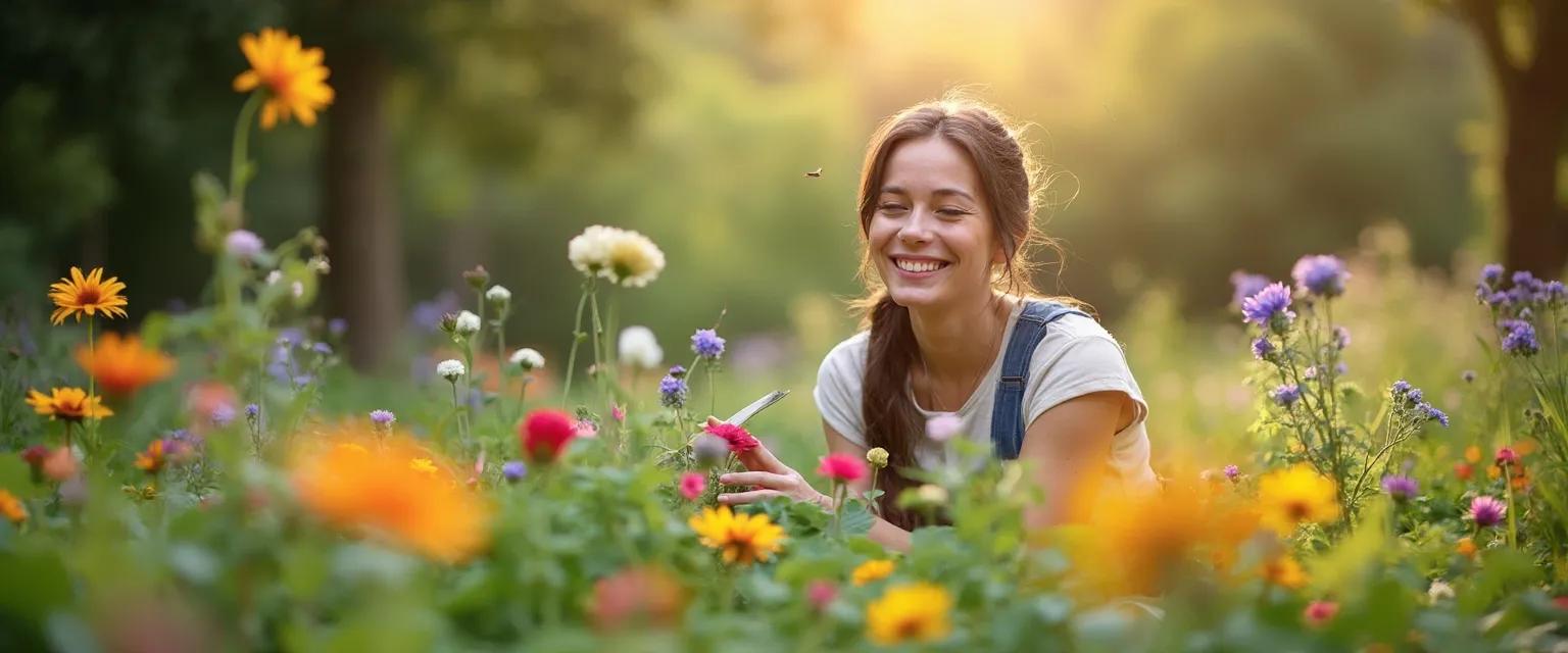 Woman practicing garden therapy to cultivate a happy mind while tending to potted plants