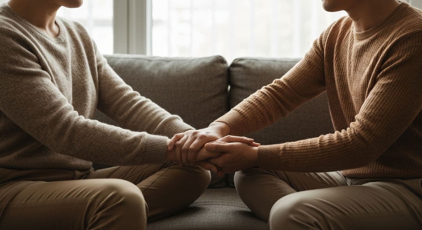 Two people sitting together in supportive conversation showing what to give someone grieving through active listening and emotional presence