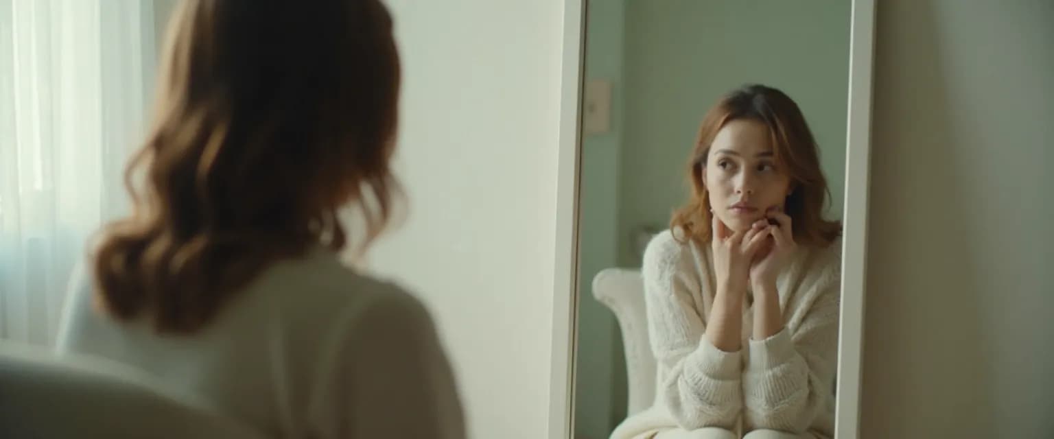 Person practicing depression and self-awareness techniques using mirror reflection