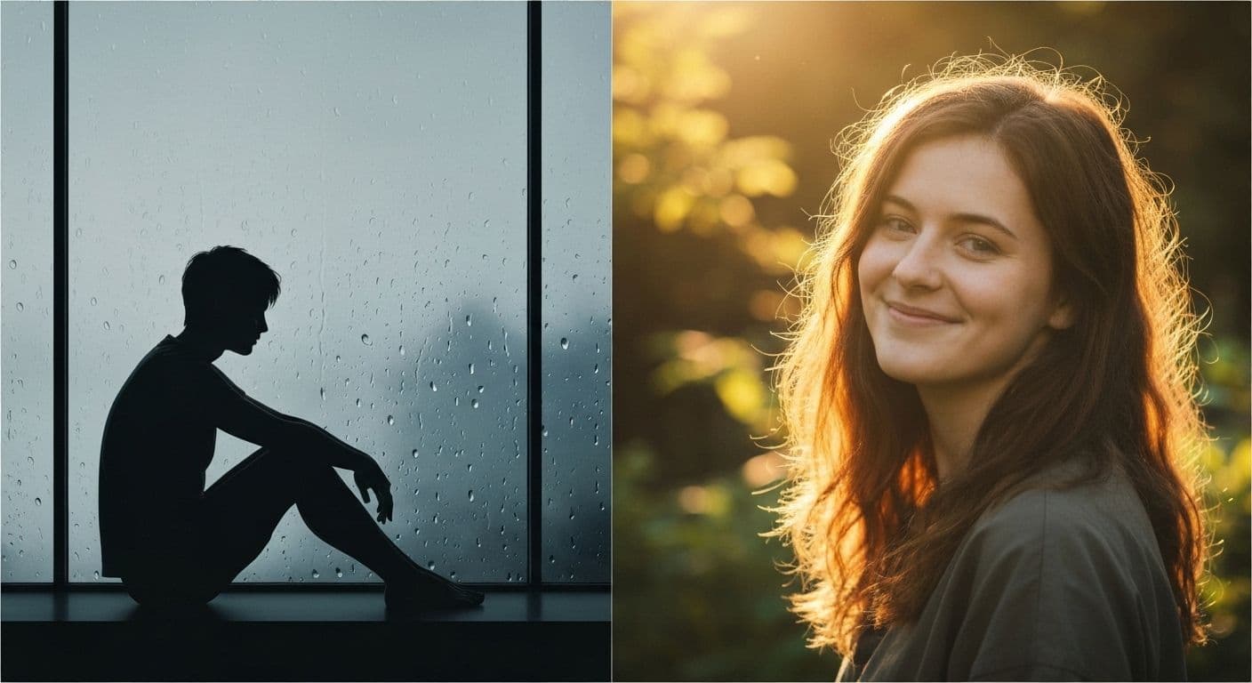 Person reflecting peacefully while learning ways to get over a heartbreak and track emotional recovery progress