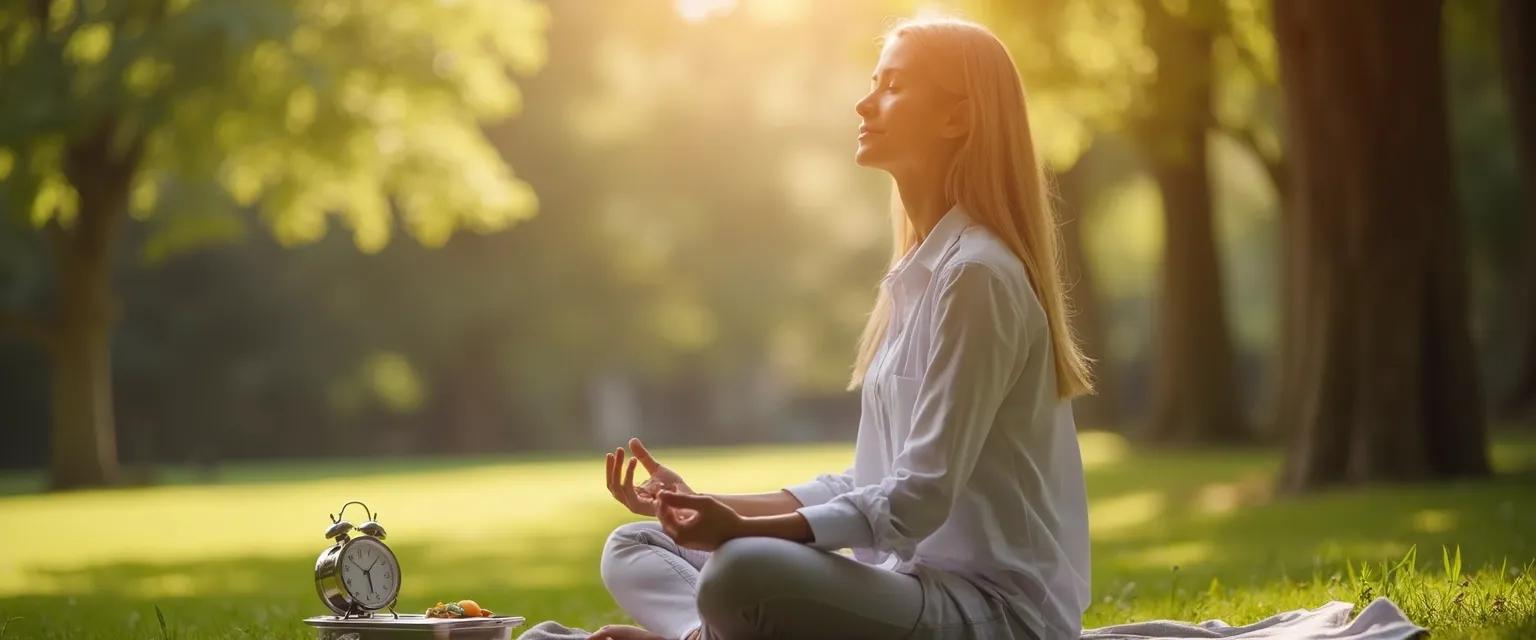 Professional practicing 20-minute mindfulness meditation during lunch break at desk