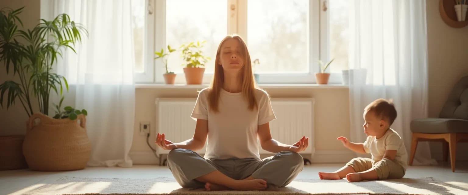 Parent practicing mind fitness exercise while caring for baby