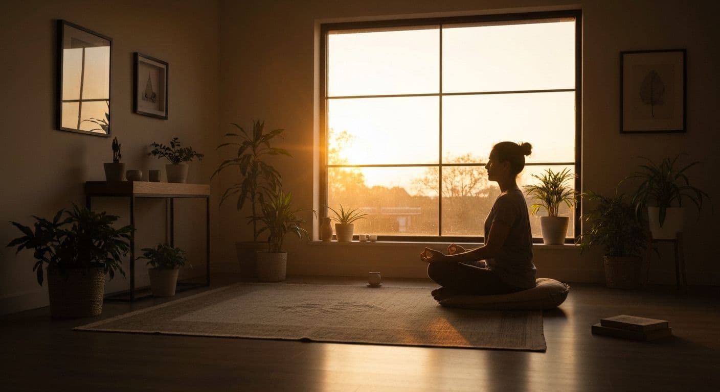 Person practicing silent mind meditation during peaceful morning routine to manage anxiety