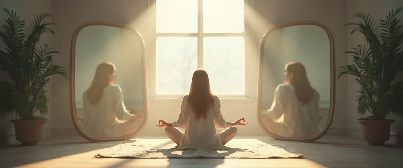 Person practicing daily self awareness and self management skills exercises in front of mirror