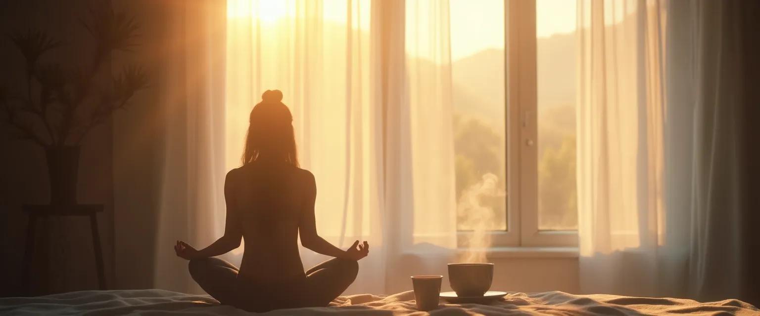 Woman practicing 5-minute mindfulness for anxiety relief in bed during early morning