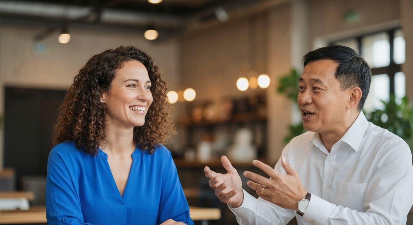 Person confidently engaging in conversation while maintaining self awareness and awareness of others in social setting