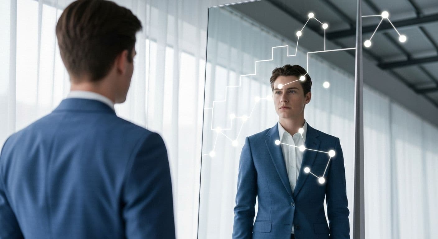 Professional demonstrating high self awareness in workplace setting by thoughtfully analyzing career decisions