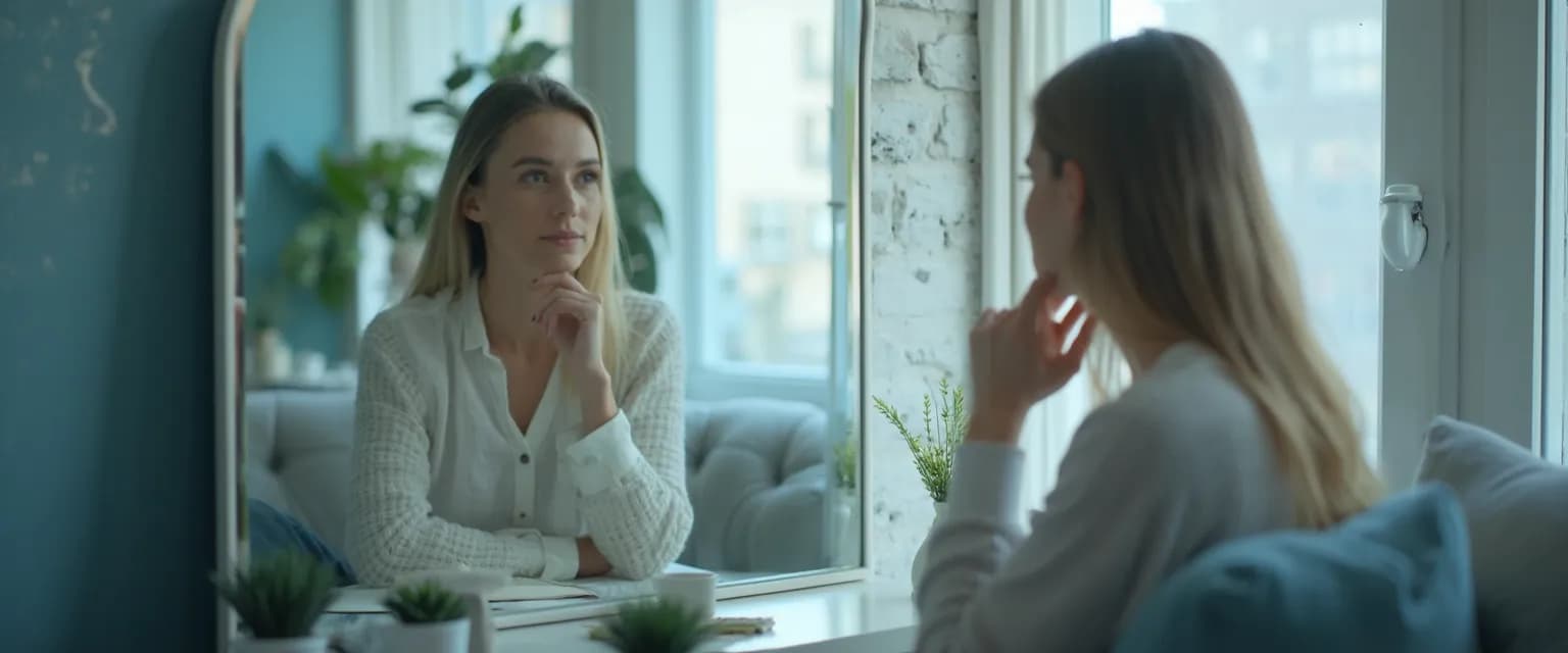 Woman practicing self-awareness therapy using mirror work techniques for emotional growth