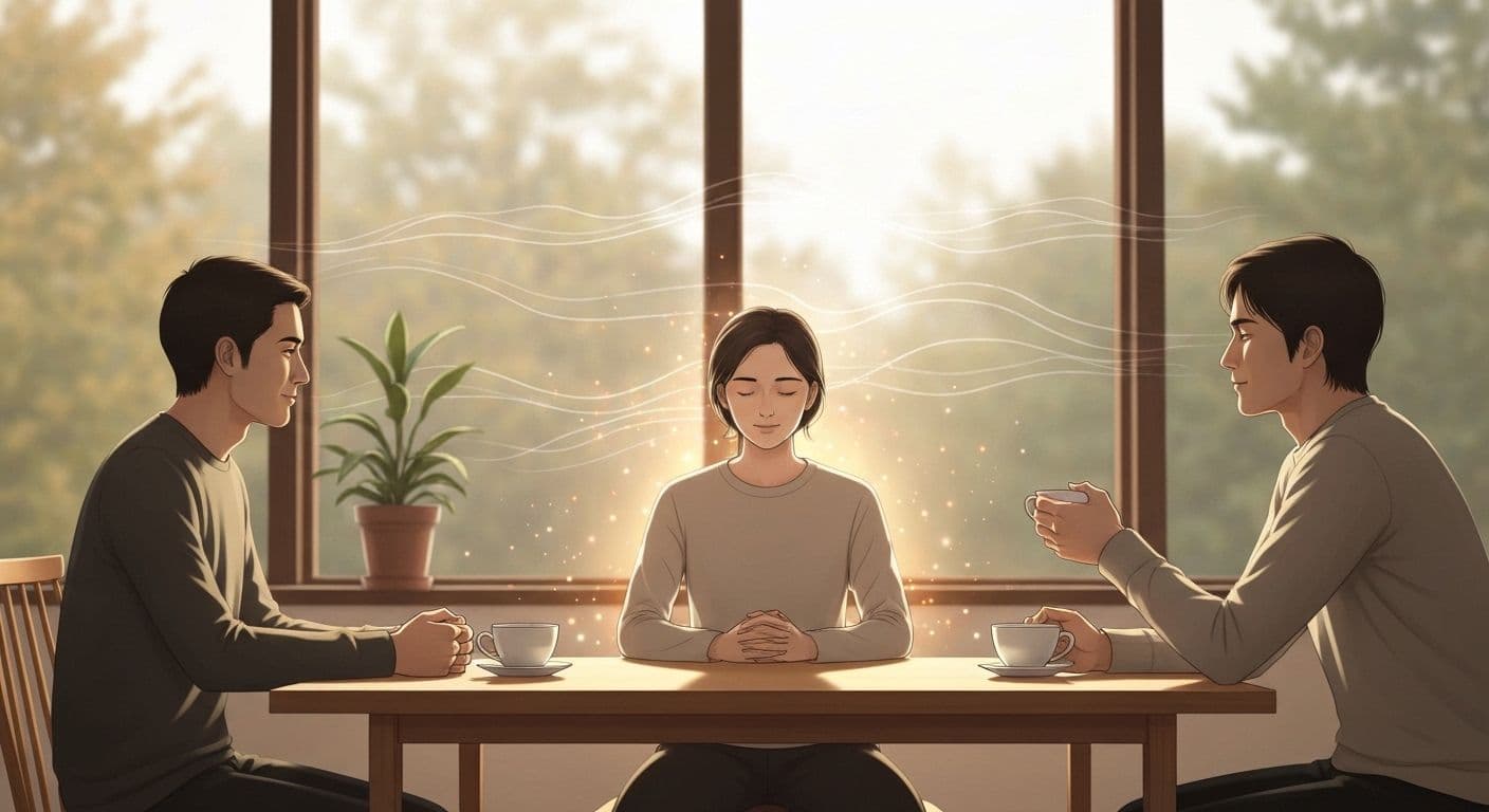 Person practicing right mindfulness during a conversation, staying present and engaged