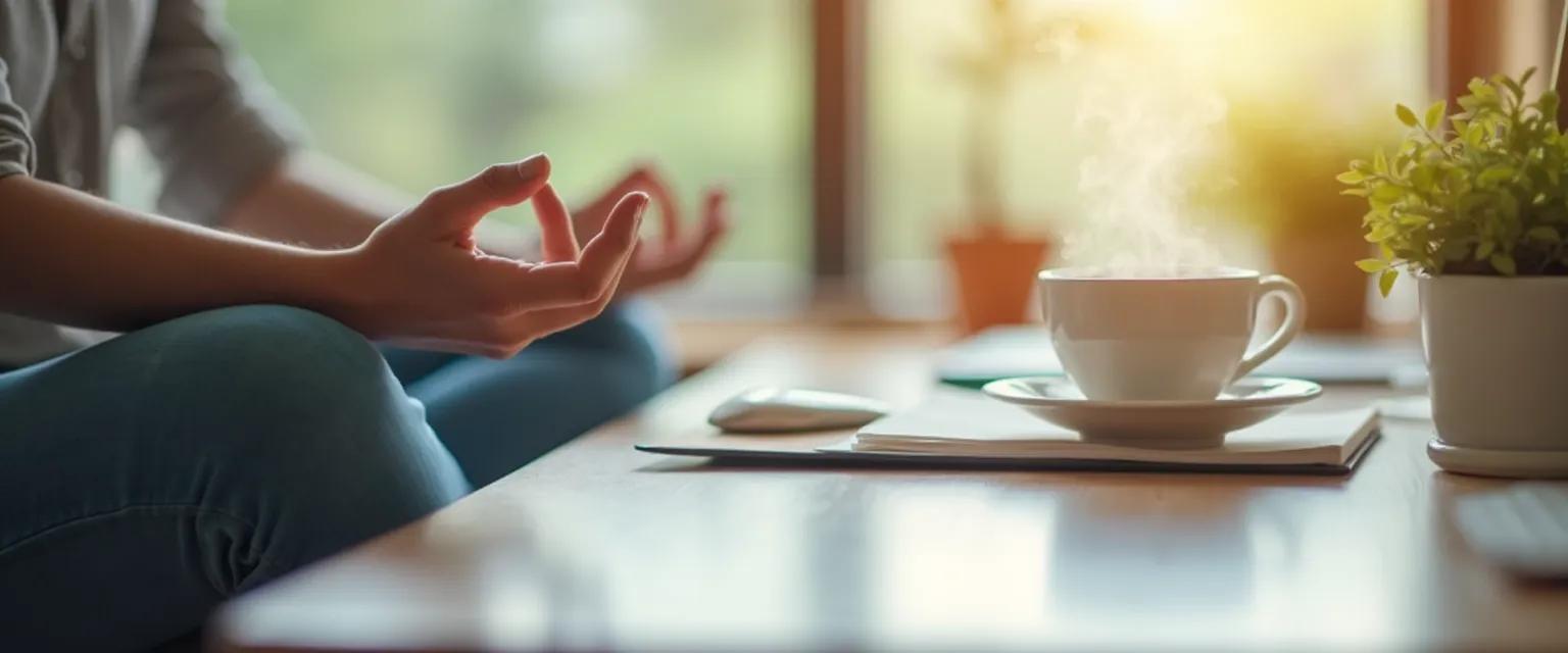 Professional taking 5 minutes to unwind their mind with quick mental decluttering techniques during a work break