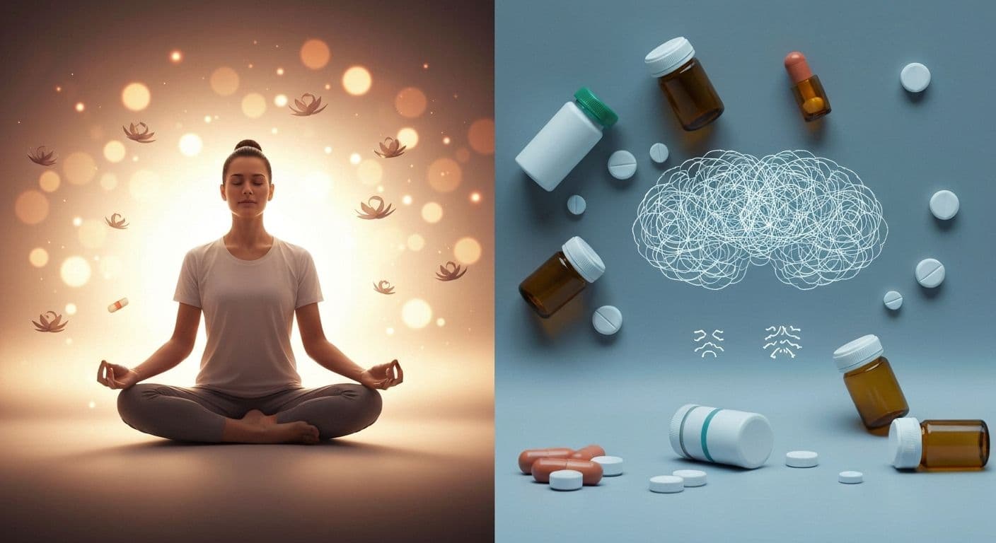 Person practicing mindfulness meditation for sleep and anxiety relief in peaceful bedroom setting